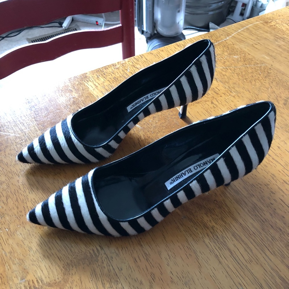 Black & white stripe pony-hair Manolo kitten heel